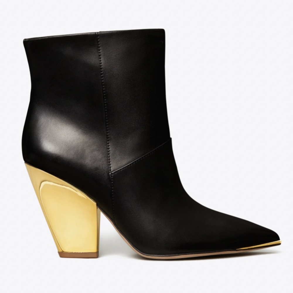 TORY BURCH LILA BLACK CALF LEATHER ANKLE BOOTIE W/GOLD SLANTED BLOCK HEEL SZ 7.5